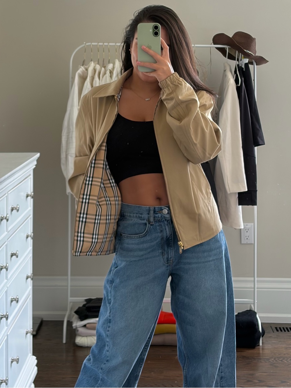 Sandro Beige Bomber Jacket with Plaid Lining